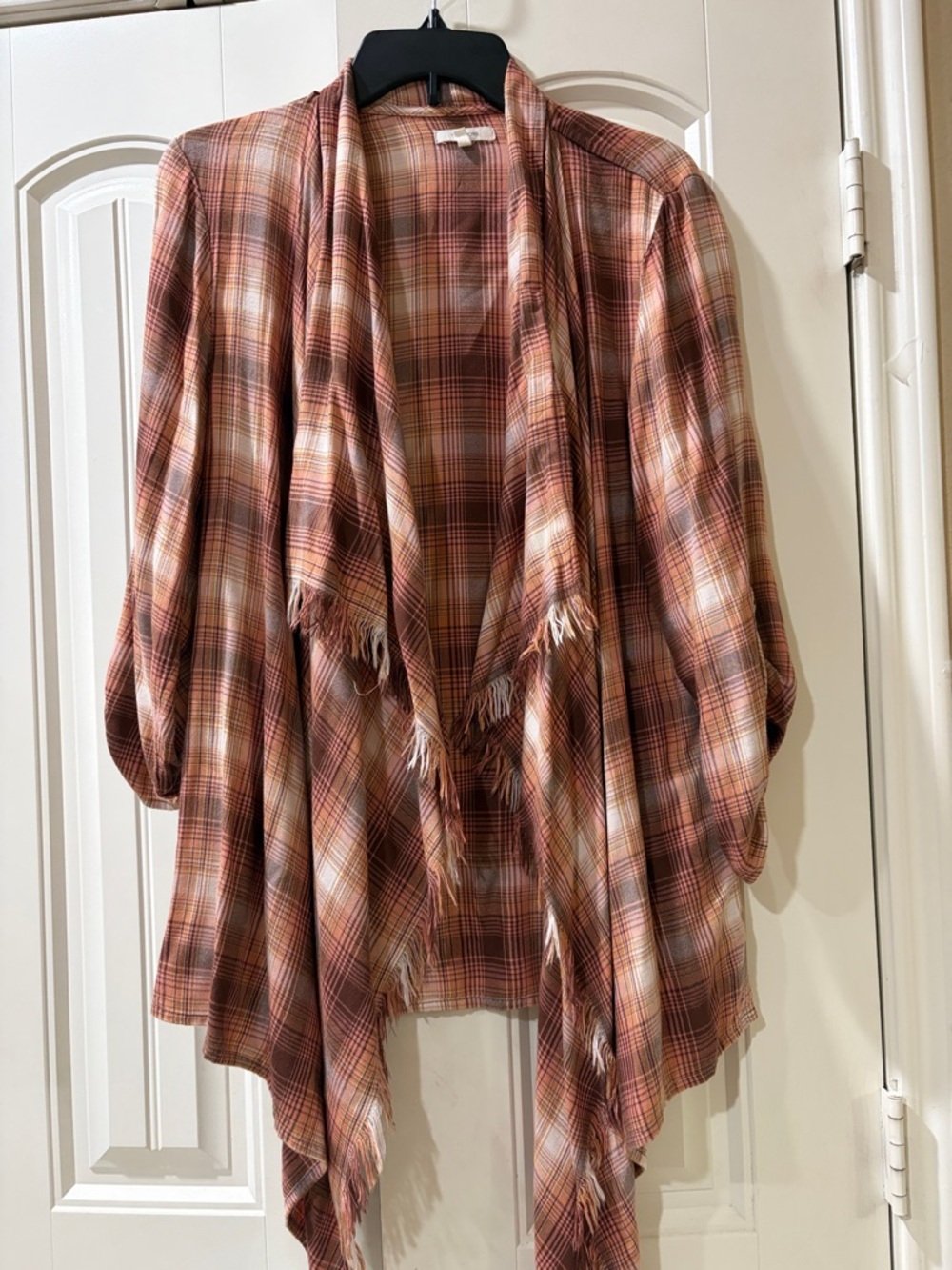 Maurices Rust Multi Plaid Draped Fringe Cape